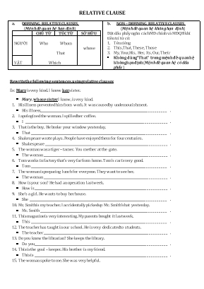 Bài tập Tiếng Anh Lớp 7 Relative clause (Mệnh đề quan hệ)